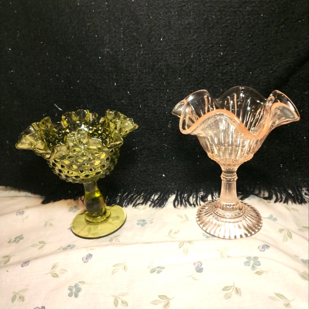 Fenton Olive Green Hobnail Ruffled Compote Dish & Pink Depression Glass Candy